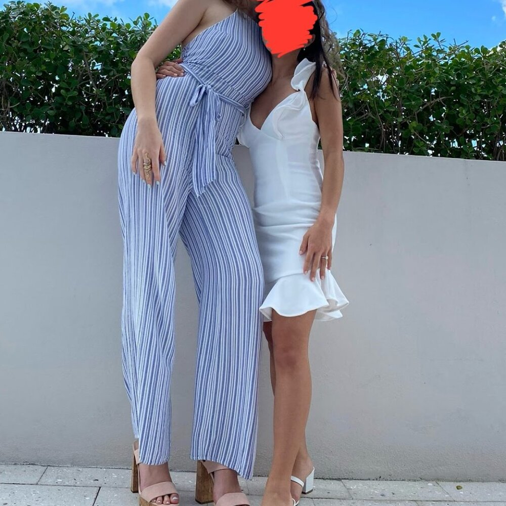 Blue & White Striped Halter Jumpsuit – Backless, Belted, Size Medium